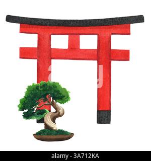 Arbre de bonsaï avec porte japonaise Torii sur fond blanc isolé, illustration de peinture dessinée à l'aquarelle à la main d'oiseau de grue. Beau dessin de main mignon Banque D'Images