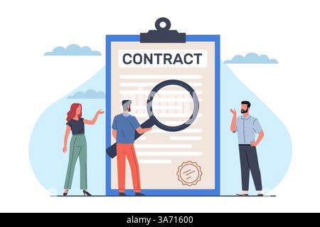 Négociation des termes du contrat. Homme avec loupe. Document commercial énorme. Passez en revue les informations et analysez le texte. Signer l'accord, trouver des erreurs Illustration de Vecteur