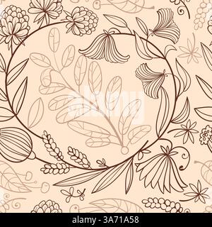 Motif floral sans couture. Plantes de contour, éléments botaniques élégants dessinés à la main, fleurs décoratives vintage. Décor textile, emballage, papier peint. Imprimer Illustration de Vecteur