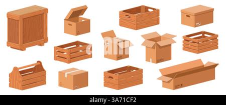 Boîtes en bois et carton de dessin animé. Emballage des colis de livraison, tiroirs de chargement vides, caisses isométriques, signes fragiles, conteneur de stockage fermé et Illustration de Vecteur