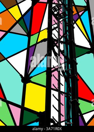 Art de mosaïque coloré pour la technologie. Un mât radio s'élève dans le ciel. La base de l'art de la mosaïque colorée pour la technologie et le paysage. Banque D'Images