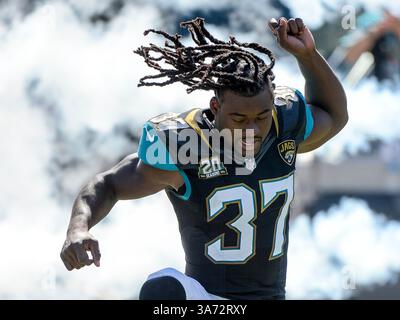 19 octobre 2014 - Jacksonville, FL, U. S : Jacksonville Jaguars forte sécurité Johnathan Cyprien (37) est introduit avant la première mi-temps de l'action de match de la NFL entre les Browns de Cleveland et les Jaguars de Jacksonville à EverBank Field à Jacksonville, FL(image de crédit : © Romeo Guzman/Cal Sport Media/ZUMAPRESS.com) Banque D'Images
