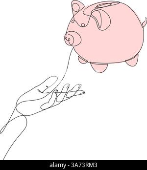Dessin continu d'une ligne de tirelire tenant la main. Concept d'économie d'argent dessiné par une seule ligne. Design minimaliste des affaires, de la finance et de l'investissement, Illustration de Vecteur