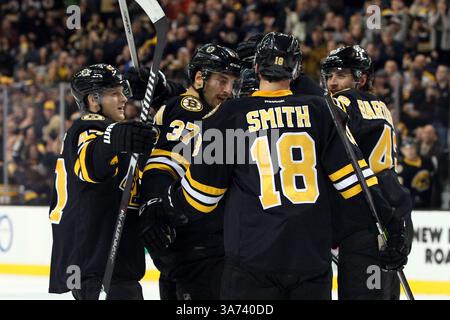 15 novembre 2014 : le centre des Bruins de Boston Patrice Bergeron (37) célèbre un but avec le défenseur des Bruins de Boston Torey Krug (47), l'aile droite des Bruins de Boston Reilly Smith (18) et le défenseur des Bruins de Boston Matt Bartkowski (43) lors du match de la LNH opposant les Hurricanes de Caroline et les Bruins de Boston à TD Garden. Boston a battu Carolina 2-1. Anthony Nesmith/CSM(image crédit : © Anthony Nesmith/Cal Sport Media/ZUMAPRESS.com) Banque D'Images