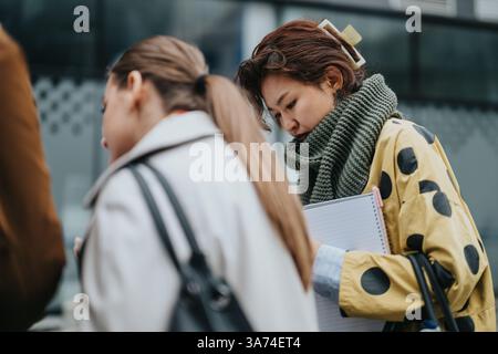 Femmes marchant dans un quartier de la ville, vêtues chaudement, tenant un cahier et s'engageant dans des activités de plein air pendant l'automne. Banque D'Images