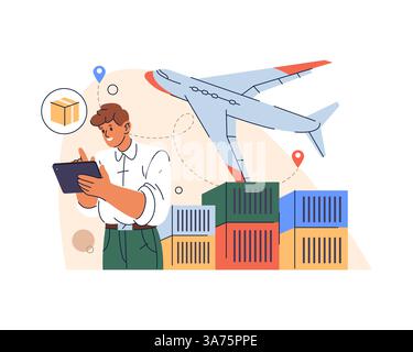 Avion avec conteneurs de fret pour la livraison de courrier aérien. Transport de fret vectoriel ou expédition express, postale et logistique. Commerce mondial via le réseau Illustration de Vecteur