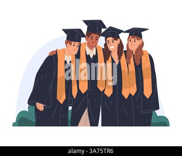 Étudiants diplômés en mortarboard académique. Clipart vectoriel de l'université ou collage, fin de célébration post-scolaire, réalisation du diplôme. Illustration de Vecteur