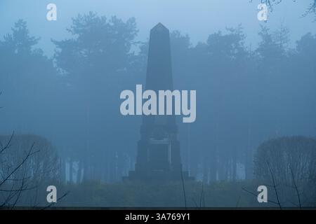 Mémorial australien de la 5e division enveloppé dans le brouillard un matin d'hiver, Polygon Wood, Zonnebeke Banque D'Images