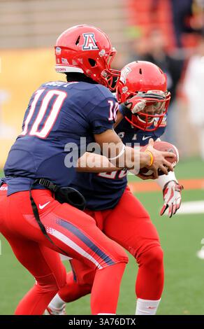 15 décembre 2012 - Albuquerque, Nouveau-Mexique, États-Unis d'Amérique - 15 décembre 2012 : Matt Scott, quarterback des Wildcats de l'Arizona (10 mains contre Ka'Deem Carey (25) lors du match de football de la NCAA le 7e Gildan New Mexico Bowl annuel entre Nevada Wolf Pack et Arizona Wildcats sur Branch Field au University Stadium d'Albuquerque, Nouveau-Mexique. Crédit image Â© Lou Novick/Cal Sport Media(crédit image : © Lou Novick/Cal Sport Media/ZUMAPRESS.com) Banque D'Images