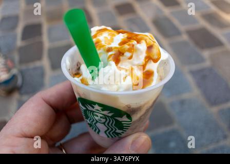 Serris, France, gros plan, prise à la main, crème glacée au yogourt Soja, marque Starbucks, la Vallée Village, centre commercial, banlieues de Paris, manger des aliments surgelés Banque D'Images