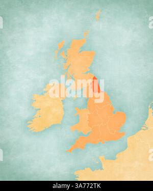 Angleterre du Nord-est sur la carte de l'Angleterre dans un style grunge doux et vintage, comme du vieux papier avec de la peinture à l'aquarelle. Banque D'Images