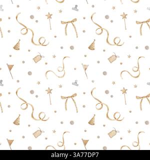 Ruban de motif sans couture, noeud, boutons, couture et objets d'artisanat. Imprimé aquarelle dans un style vintage. Illustration isolée sur fond pour textile Banque D'Images