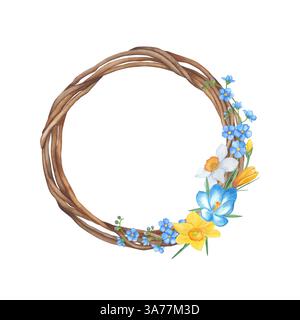 Une couronne d'aquarelle peinte à la main avec des brindilles entrelacées ornées de fleurs printanières : jonquilles, crocus et non-oubliés. Parfait pour Pâques, Banque D'Images