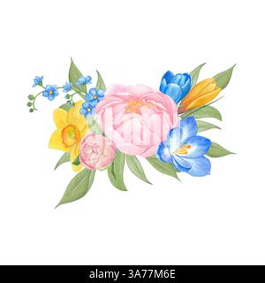 Arrangement floral aquarelle avec pivoines roses, crocus bleus, jonquilles jaunes, oubliettes et feuilles vertes. Parfait pour invitatio de mariage Banque D'Images