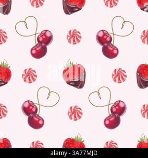 Motif aquarelle sans couture peint à la main avec des cerises avec des tiges en forme de coeur, des fraises trempées dans le chocolat et des bonbons au caramel. Parfait pour V Banque D'Images