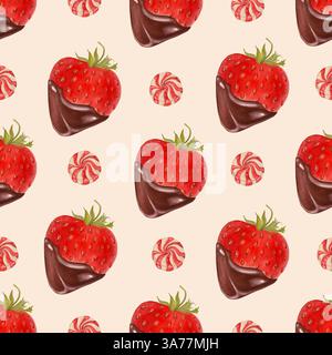 Motif aquarelle sans couture peint à la main avec des fraises trempées dans le chocolat et des bonbons au caramel sur un fond clair. Idéal pour la Saint-Valentin, Banque D'Images