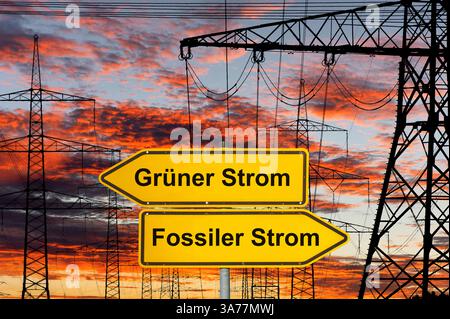 Energiewende mit grünem Strom anstatt fossilem Strom Ein Wegweiser zeigt in unterschiedliche Richtungen mit der Aufschrift Grüner Strom und Fossiler S. Banque D'Images