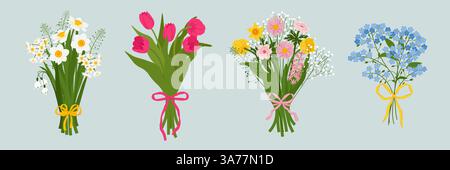 Ensemble de bouquets de printemps. Fleurs de jardin florissantes. Illustration vectorielle dans le style dessiné à la main Illustration de Vecteur