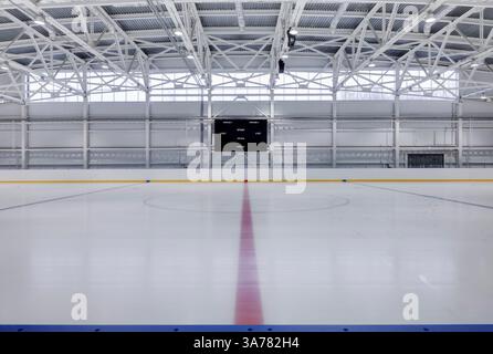 Vue intérieure d'une patinoire avec marquages de hockey sur glace. Banque D'Images