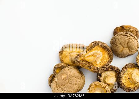 Une vue rapprochée de champignons shiitake séchés sur fond blanc révèle chaque ride et nuance de brun terreux, capturant l'essence de ce traditi Banque D'Images