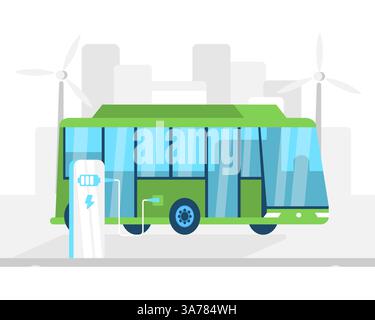 Bus électrique à une station de recharge avec des éoliennes en arrière-plan, représentant le transport public durable Illustration de Vecteur