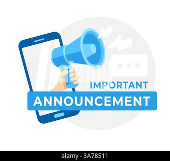 Main tenant un mégaphone émergeant de l'écran d'un smartphone pour les annonces et alertes importantes Illustration de Vecteur