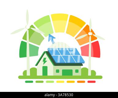 Maison durable avec panneaux solaires et éoliennes, représentant l'énergie renouvelable et la vie écologique Illustration de Vecteur