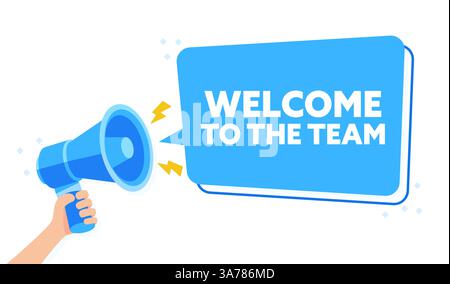 Joyeuse illustration du message de bienvenue bleu avec BIENVENUE À L'ÉQUIPE et Megaphone Illustration de Vecteur
