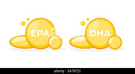 Acides gras essentiels EPA et DHA en capsules jaunes ensoleillées Illustration de Vecteur
