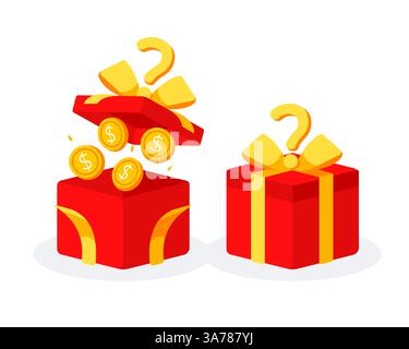 Boîte cadeau surprise mystère. Présente surprise secrète. Bonus ou récompenses financières. Illustration vectorielle Illustration de Vecteur