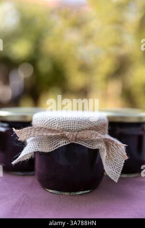 Confiture de prunes maison ou confiture dans un pot en verre de prunes fraîches, cerise aigre, myrtille. Style rustique, mise au point sélective. Banque D'Images