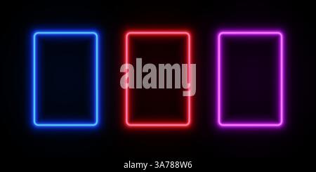 Cadres rectangulaires au néon lumineux. Bordure de LED de couleur bleue, rouge et violette sur fond transparent noir. Modèle laser de jeu de vecteur pour la conception. Illustration de Vecteur