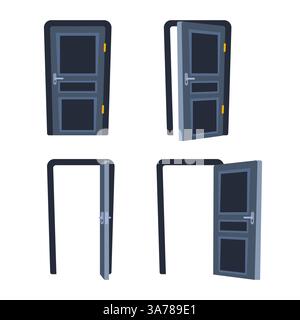 Porte fermée et ouverte intérieur classique. Ensemble de cadres de portes. Illustration vectorielle Illustration de Vecteur
