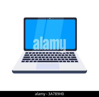 Ordinateur portable élégant avec un écran bleu proéminent et un boîtier argenté, représentant l'informatique personnelle moderne Illustration de Vecteur