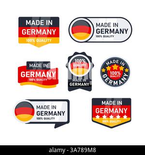 Fabriqué en Allemagne ensemble de signes. Étiquettes de produits, autocollants. Icône de drapeau allemand. Illustration vectorielle Illustration de Vecteur