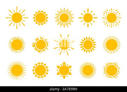 Tableau vibrant d'icônes stylisées du soleil avec divers rayons et dessins sur un fond blanc Illustration de Vecteur