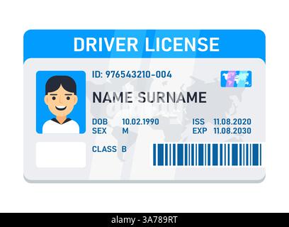 Représentation graphique d'une carte de permis de conduire avec une photo masculine, des informations personnelles et des fonctions de sécurité Illustration de Vecteur