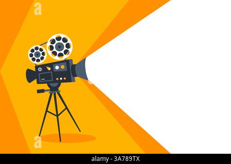 Représentation graphique d'un projecteur de film à l'ancienne projetant la lumière sur un fond orange vif Illustration de Vecteur