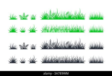 Ensemble de silhouettes d'herbe verte et noire avec différentes longueurs et boutons de fleurs, adapté aux conceptions environnementales et de paysage Illustration de Vecteur