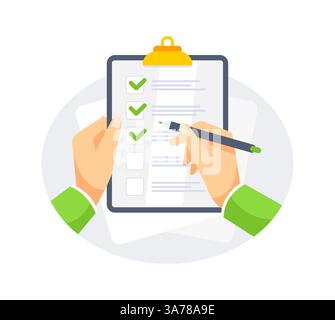Mains tenant la presse-papiers avec la liste de contrôle avec des coches vertes et un stylo. Illustration vectorielle Illustration de Vecteur
