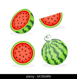 Placez la pastèque fraîche. Collection de fruits d'été. Pastèques entières juteuses et tranches. Illustration vectorielle Illustration de Vecteur