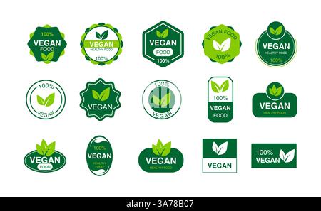 Jeu d'icônes vegan. Logos et badges organiques. Feuille verte sur fond blanc. Illustration vectorielle Illustration de Vecteur