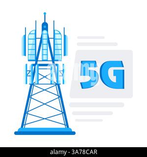 Technologie de réseau 5G. Tour de communication sans fil. Station de base, mobile Illustration de Vecteur