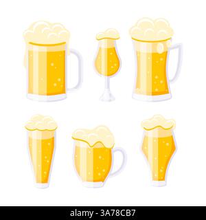 Ensemble de verres et bouteilles avec de la bière. Tasse à bière. Boisson alcoolisée Illustration de Vecteur