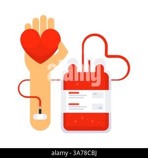 Don de sang concept avec poche de sang. Bras donneur. Médical et de santé. Illustration de Vecteur