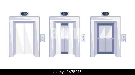 Portes d'ascenseur. Portes en métal chromé ouvertes et fermées et panneau de boutons en gros plan Illustration de Vecteur