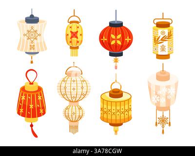 Lanternes japonaises ou chinoises diverses. Lanternes lumineuses traditionnelles en papier rouge en Chine. Chinatown traditionnel Illustration de Vecteur