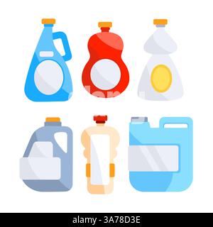 Jeu de bouteilles de détergent. Savon liquide chimique et eau de Javel pour le nettoyage. Ustensiles ménagers Illustration de Vecteur