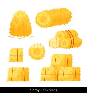 Balles de foin réglées. Botte de foin, foin rural roulé. Ferme le foin naturel rural Illustration de Vecteur