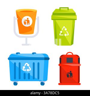 Corbeille définie. Poubelles en métal et en plastique. Mettez en place les déchets de recyclage extérieurs publics. Illustration de Vecteur